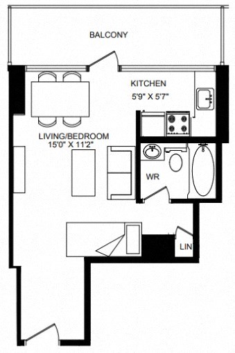 Floor plan for studio, 1 bath, 342 sqft